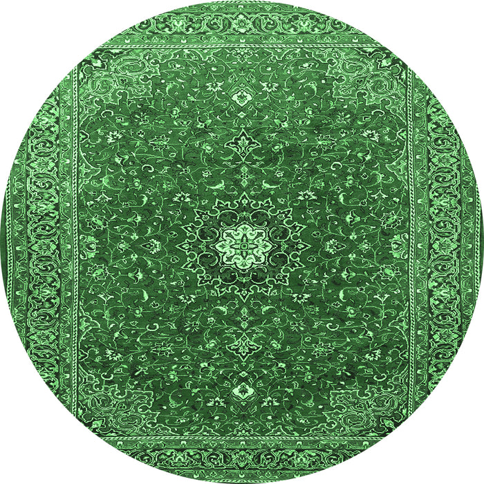 Round Machine Washable Medallion Emerald Green Traditional Area Rugs, wshtr1174emgrn