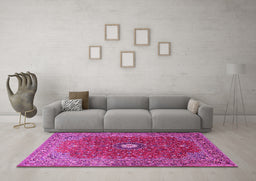 Machine Washable Medallion Pink Traditional Rug in a Living Room, wshtr1174pnk