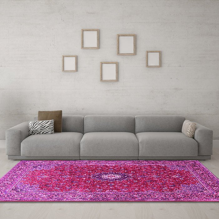 Machine Washable Medallion Pink Traditional Rug in a Living Room, wshtr1174pnk