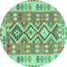 Round Machine Washable Southwestern Turquoise Country Area Rugs, wshtr1175turq