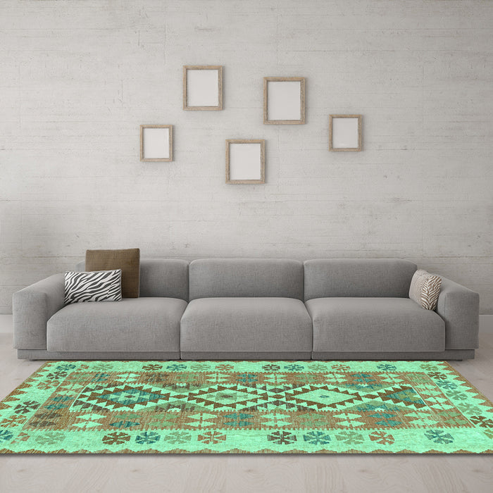 Machine Washable Southwestern Turquoise Country Area Rugs in a Living Room,, wshtr1175turq