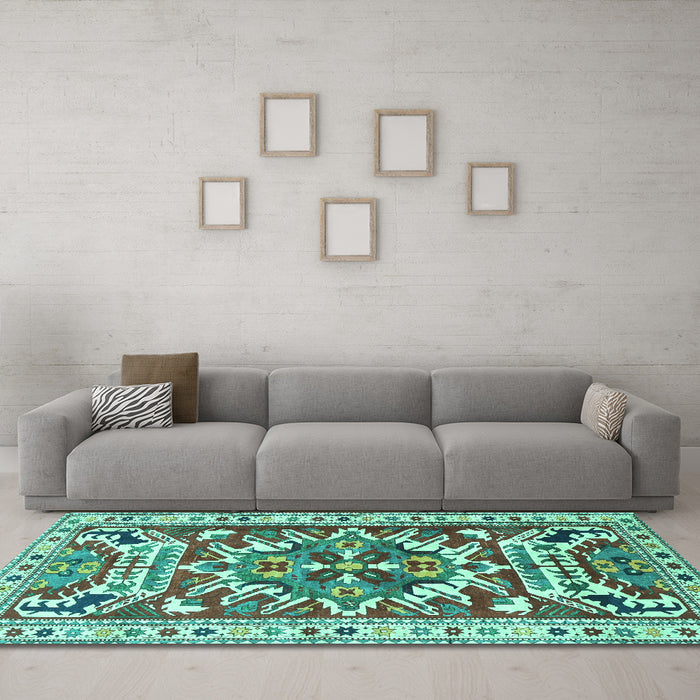 Machine Washable Persian Turquoise Traditional Area Rugs in a Living Room,, wshtr1176turq