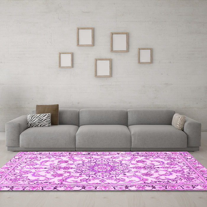 Machine Washable Medallion Pink Traditional Rug in a Living Room, wshtr1177pnk