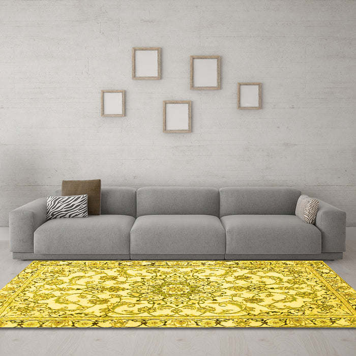 Machine Washable Medallion Yellow Traditional Rug in a Living Room, wshtr1177yw