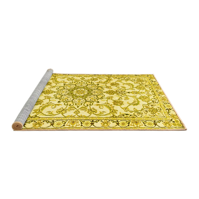 Sideview of Machine Washable Medallion Yellow Traditional Rug, wshtr1177yw
