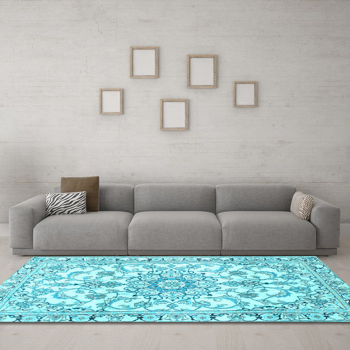 Machine Washable Medallion Light Blue Traditional Rug in a Living Room, wshtr1177lblu