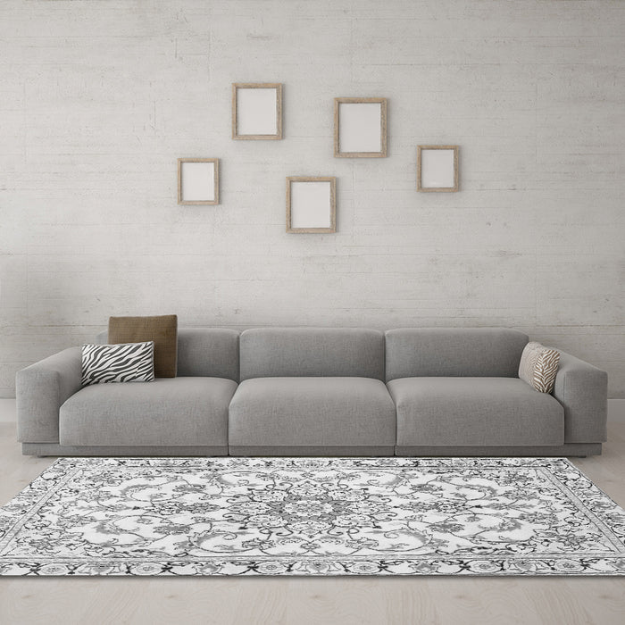 Machine Washable Medallion Gray Traditional Rug in a Living Room,, wshtr1177gry