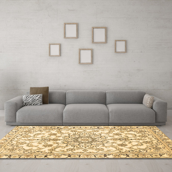 Machine Washable Medallion Brown Traditional Rug in a Living Room,, wshtr1177brn