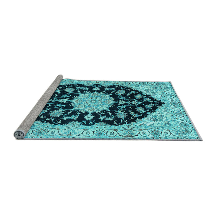Sideview of Machine Washable Medallion Light Blue Traditional Rug, wshtr1178lblu