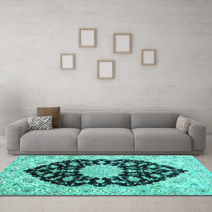 Machine Washable Medallion Turquoise Traditional Area Rugs in a Living Room,, wshtr1178turq