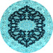 Round Machine Washable Medallion Light Blue Traditional Rug, wshtr1178lblu