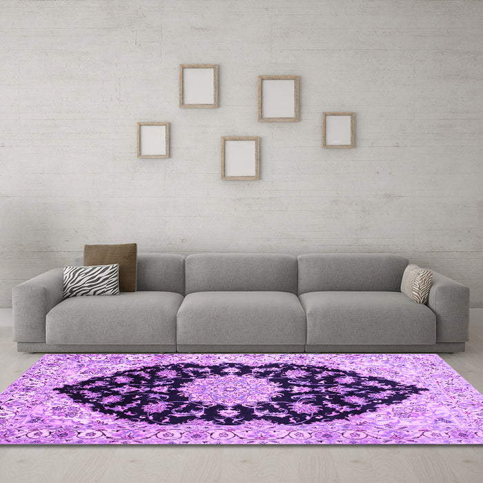 Machine Washable Medallion Purple Traditional Area Rugs in a Living Room, wshtr1178pur