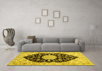 Machine Washable Medallion Yellow Traditional Rug, wshtr1178yw