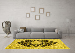 Machine Washable Medallion Yellow Traditional Rug in a Living Room, wshtr1178yw