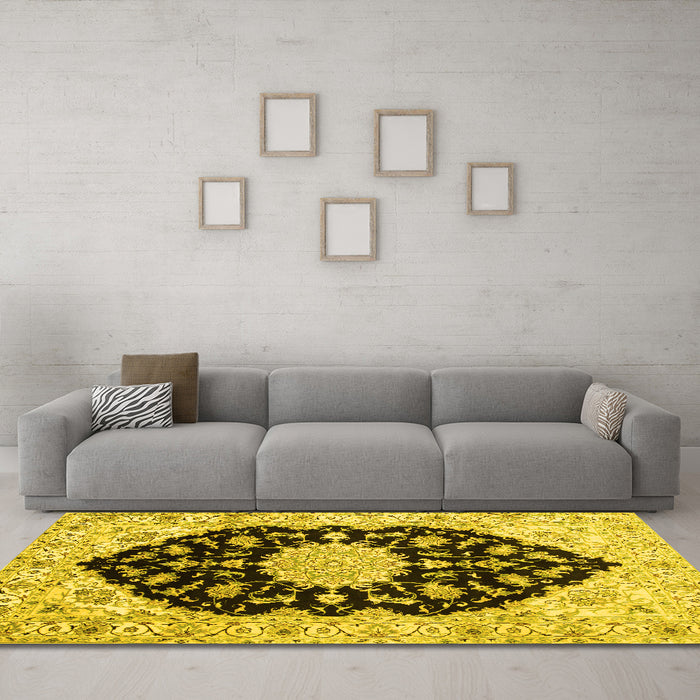 Machine Washable Medallion Yellow Traditional Rug in a Living Room, wshtr1178yw