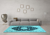 Machine Washable Medallion Light Blue Traditional Rug, wshtr1178lblu