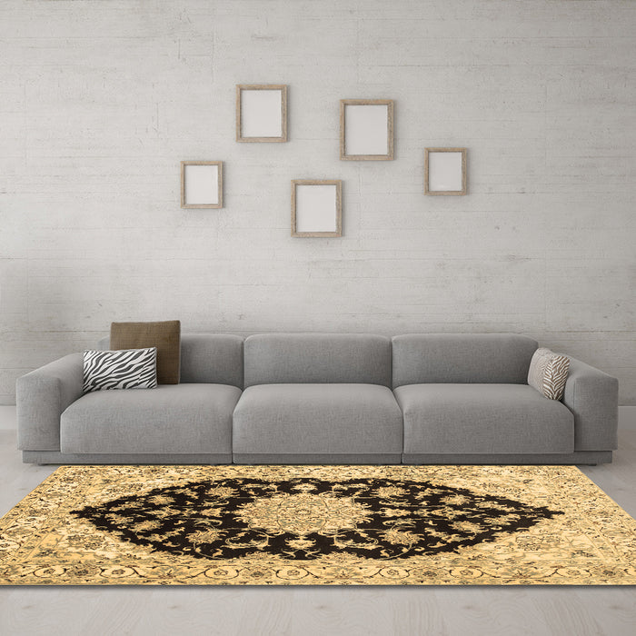 Machine Washable Medallion Brown Traditional Rug in a Living Room,, wshtr1178brn
