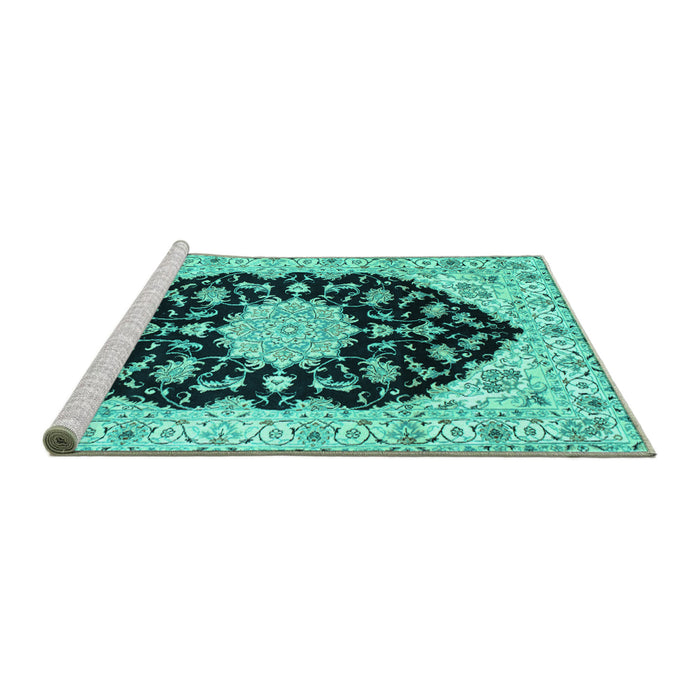 Sideview of Machine Washable Medallion Turquoise Traditional Area Rugs, wshtr1178turq