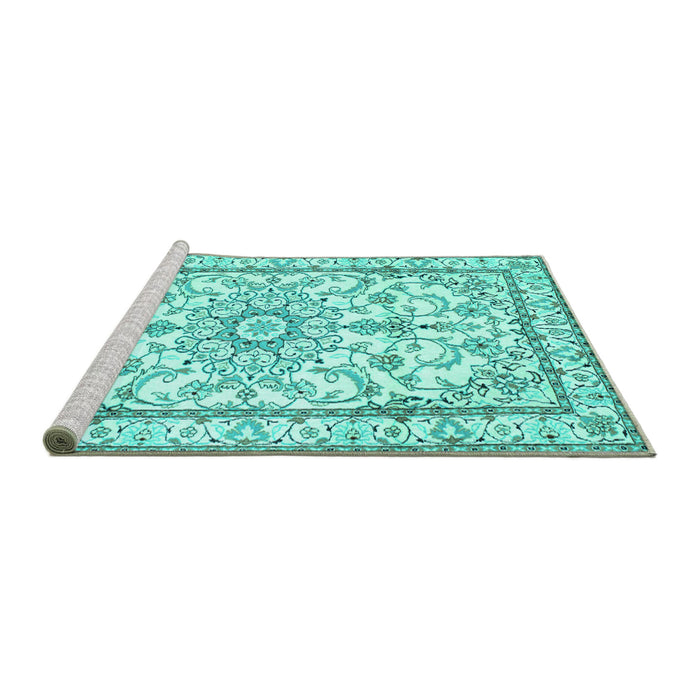 Sideview of Machine Washable Persian Turquoise Traditional Area Rugs, wshtr1179turq