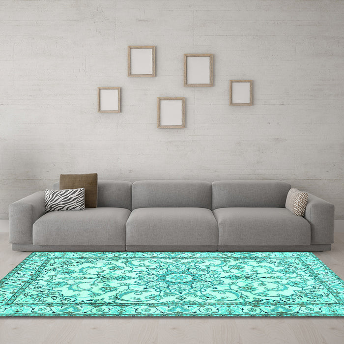 Machine Washable Persian Turquoise Traditional Area Rugs in a Living Room,, wshtr1179turq
