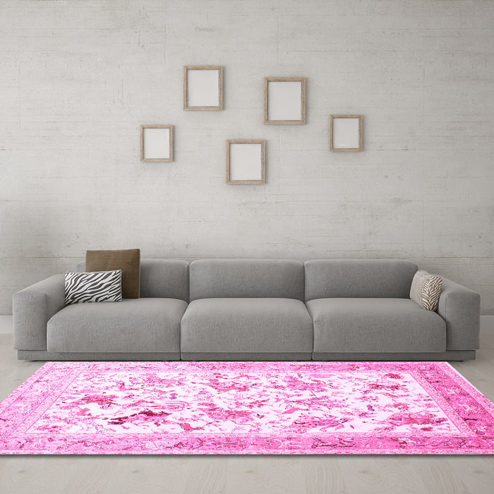 Machine Washable Animal Pink Traditional Rug in a Living Room, wshtr117pnk