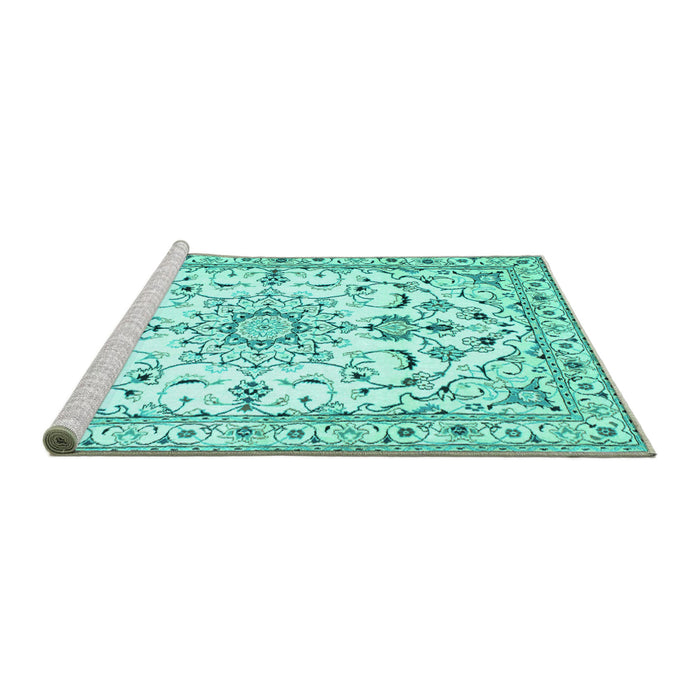 Sideview of Machine Washable Persian Turquoise Traditional Area Rugs, wshtr1180turq
