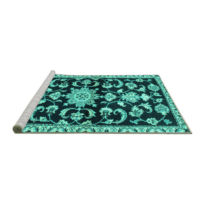 Sideview of Machine Washable Persian Turquoise Traditional Area Rugs, wshtr1181turq
