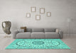 Machine Washable Medallion Turquoise Traditional Area Rugs in a Living Room,, wshtr1183turq