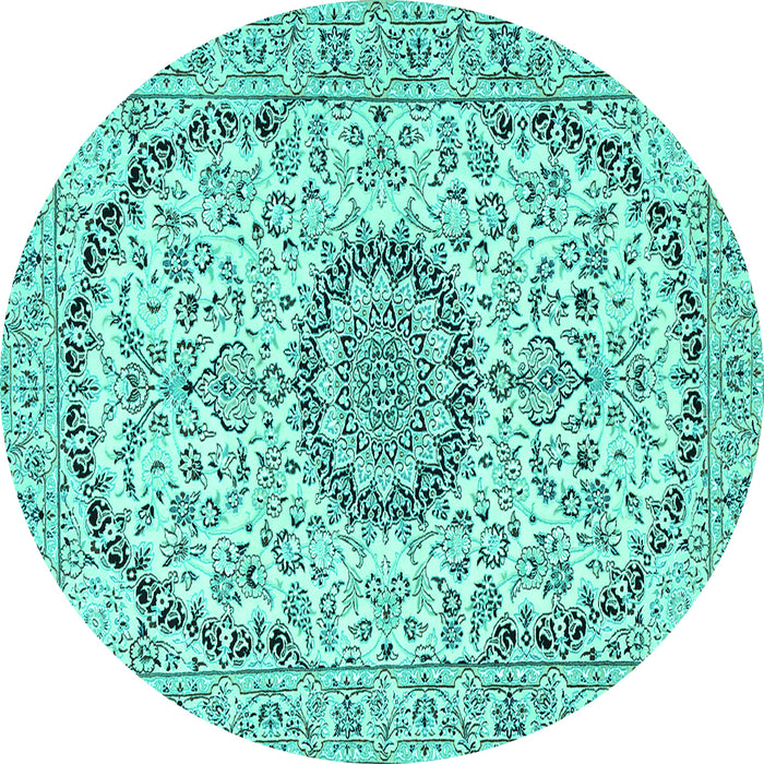 Round Machine Washable Medallion Turquoise Traditional Area Rugs, wshtr1183turq