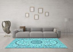 Machine Washable Medallion Light Blue Traditional Rug in a Living Room, wshtr1183lblu