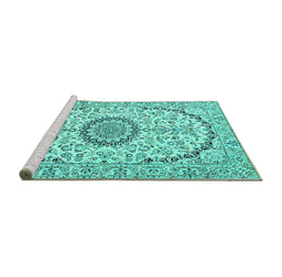 Sideview of Machine Washable Medallion Turquoise Traditional Area Rugs, wshtr1183turq