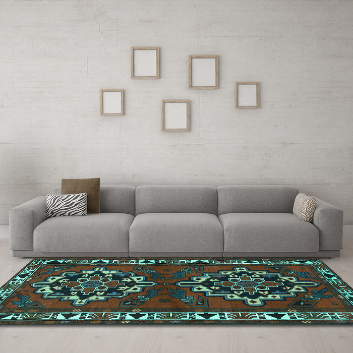 Machine Washable Persian Turquoise Traditional Area Rugs in a Living Room,, wshtr1184turq