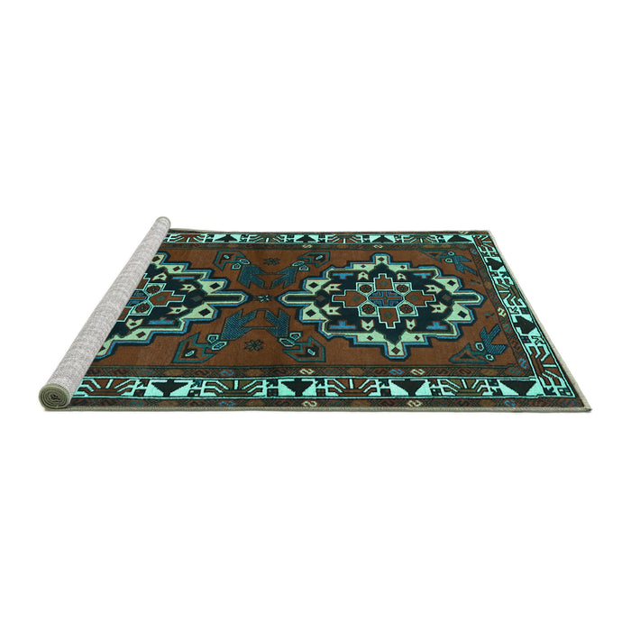 Sideview of Machine Washable Persian Turquoise Traditional Area Rugs, wshtr1184turq