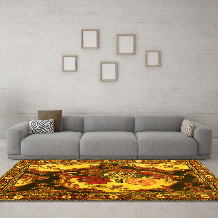Machine Washable Persian Yellow Traditional Rug in a Living Room, wshtr1186yw