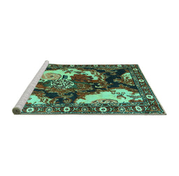 Sideview of Machine Washable Persian Turquoise Traditional Area Rugs, wshtr1186turq