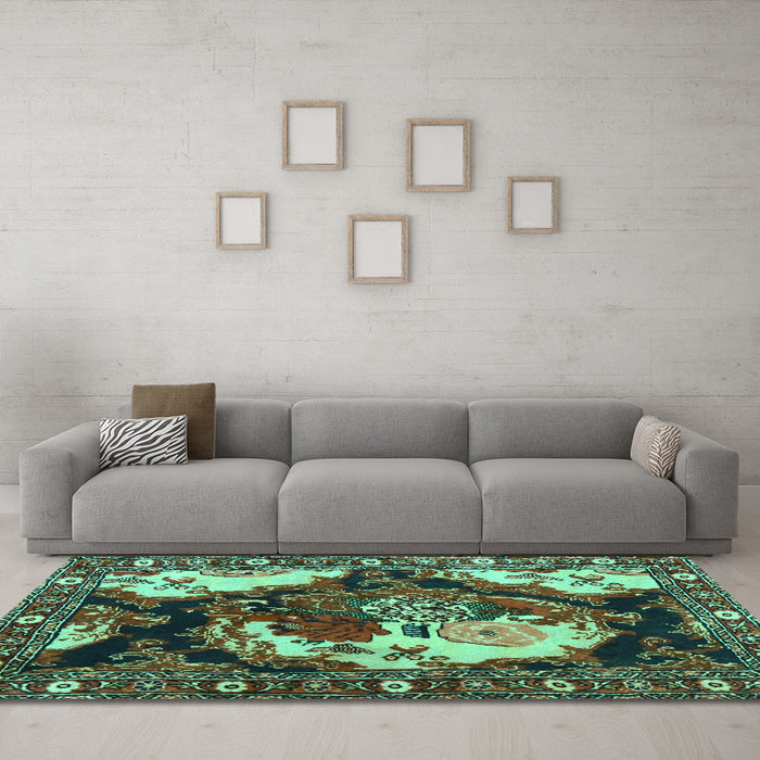 Machine Washable Persian Turquoise Traditional Area Rugs in a Living Room,, wshtr1186turq