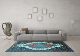 Machine Washable Medallion Light Blue Traditional Rug in a Living Room, wshtr1187lblu