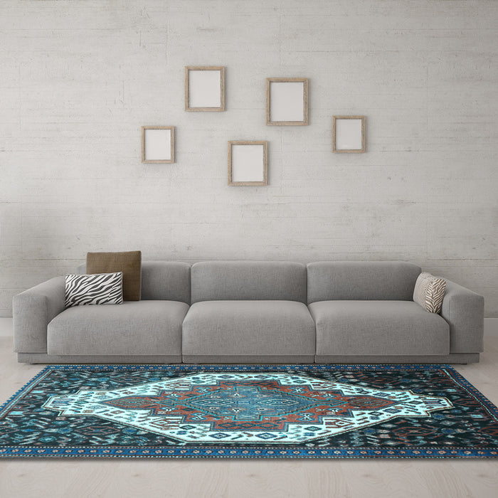Machine Washable Medallion Light Blue Traditional Rug in a Living Room, wshtr1187lblu
