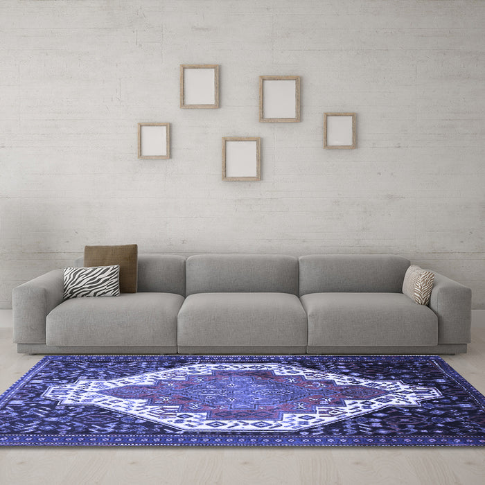 Machine Washable Medallion Blue Traditional Rug in a Living Room, wshtr1187blu
