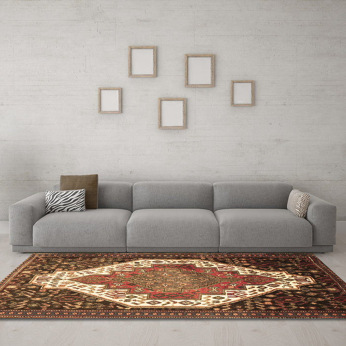 Machine Washable Medallion Brown Traditional Rug in a Living Room,, wshtr1187brn