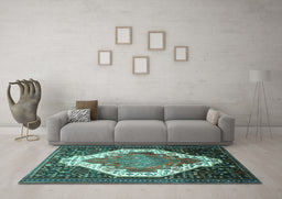 Machine Washable Medallion Turquoise Traditional Area Rugs in a Living Room,, wshtr1187turq