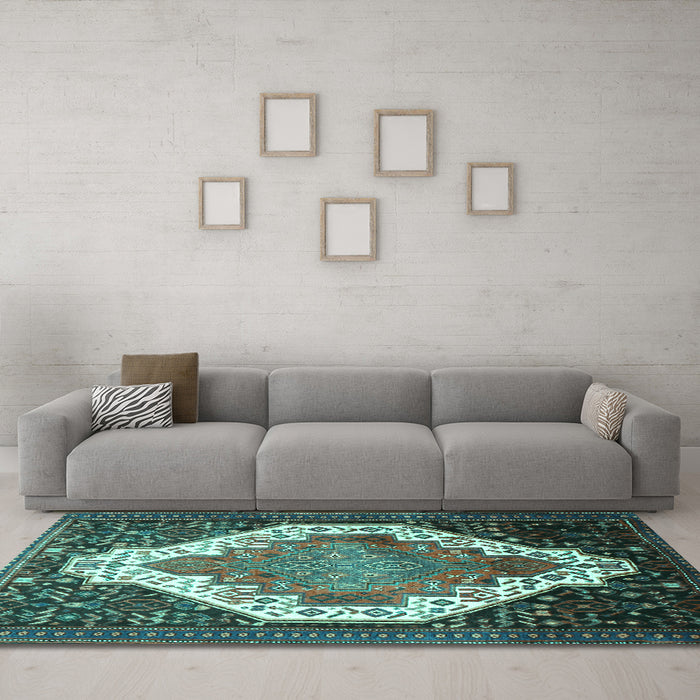 Machine Washable Medallion Turquoise Traditional Area Rugs in a Living Room,, wshtr1187turq