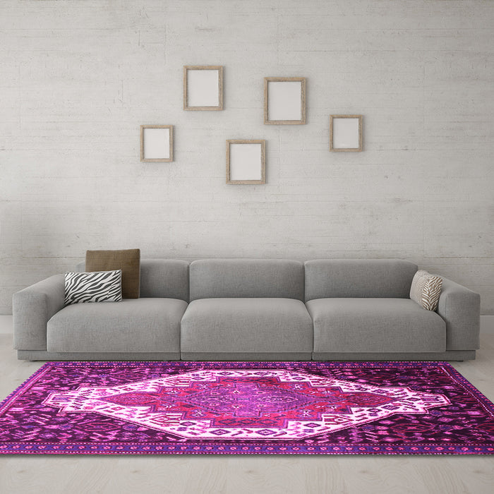 Machine Washable Medallion Pink Traditional Rug in a Living Room, wshtr1187pnk