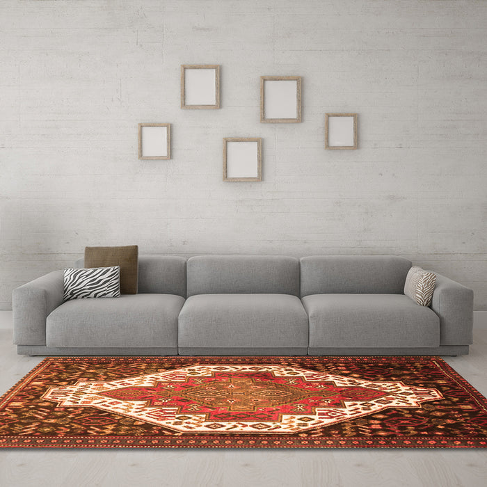 Machine Washable Medallion Orange Traditional Area Rugs in a Living Room, wshtr1187org