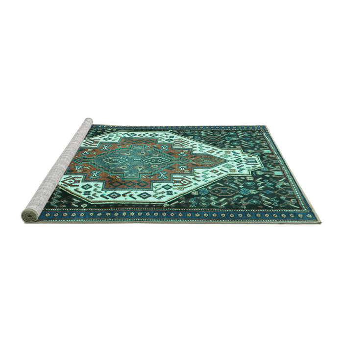 Sideview of Machine Washable Medallion Turquoise Traditional Area Rugs, wshtr1187turq
