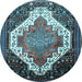 Round Machine Washable Medallion Light Blue Traditional Rug, wshtr1187lblu