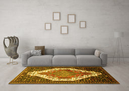 Machine Washable Medallion Yellow Traditional Rug in a Living Room, wshtr1187yw