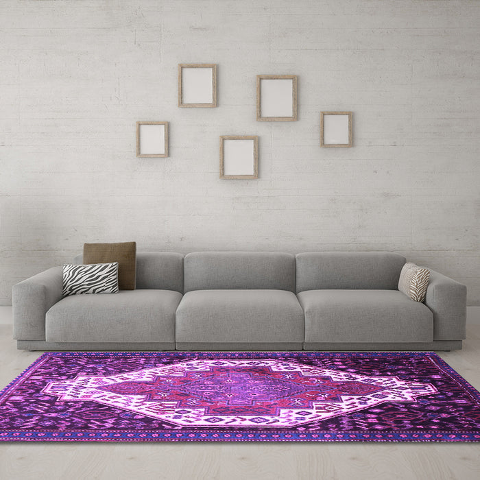 Machine Washable Medallion Purple Traditional Area Rugs in a Living Room, wshtr1187pur
