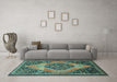 Machine Washable Medallion Turquoise Traditional Area Rugs in a Living Room,, wshtr1189turq