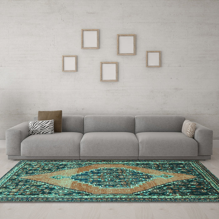 Machine Washable Medallion Turquoise Traditional Area Rugs in a Living Room,, wshtr1189turq